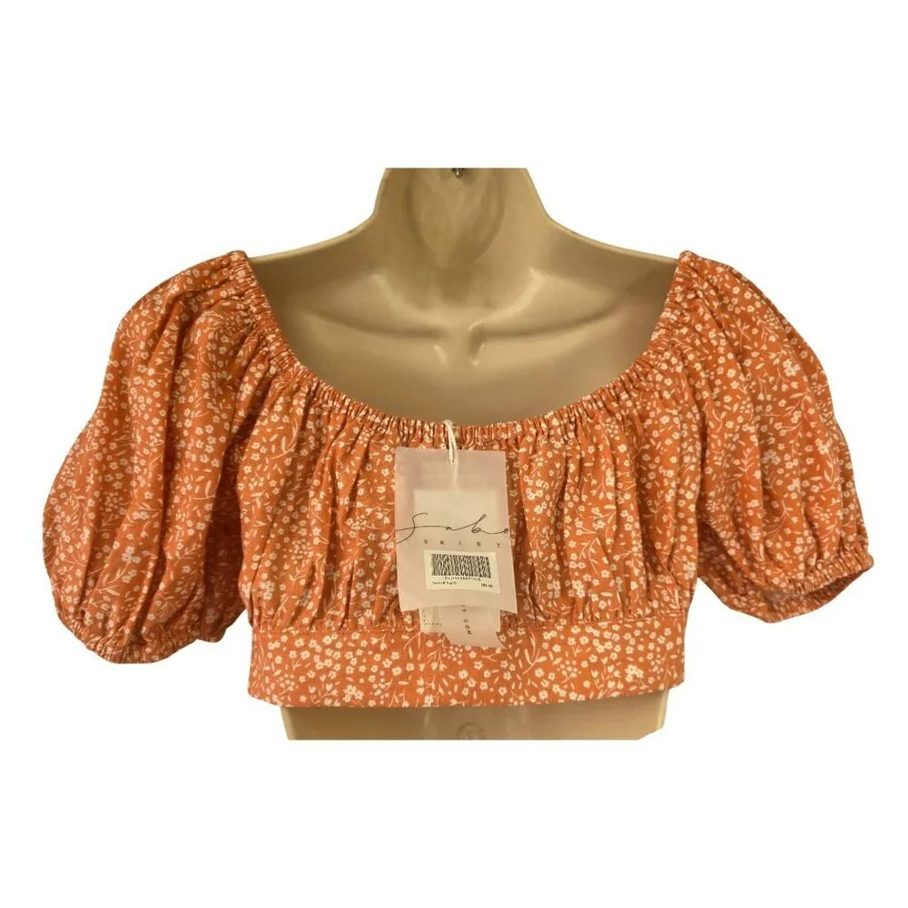 Sabo Skirt Neviah Crop Top Womens S Peach Floral Puff Sleeve Tie Front Crop NWT - Picture 4 of 9